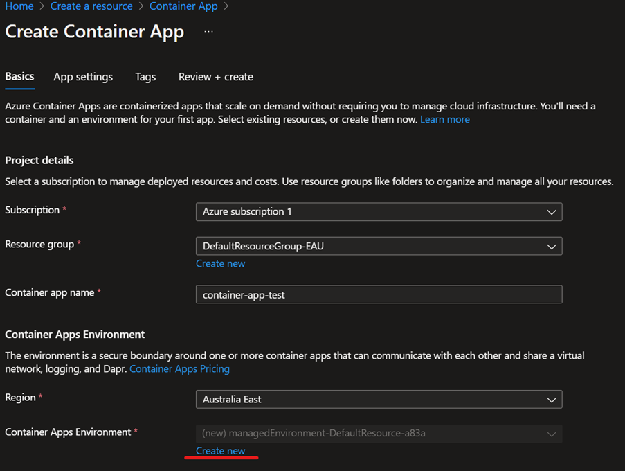 Preview of Container App creation page.